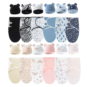 Set of 3 Newborn Swaddle Blankets and Hats, 100% Cotton