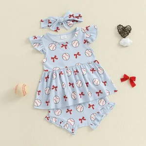 Toddler Baby Top and Shorts Baseball Set with Bow