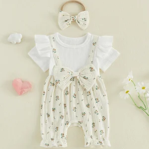 Baby Girl Floral Print Romper with  Bow Headband