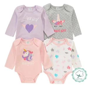 4pcs Baby Girls Long Sleeve Romper, 100% Cotton Crotch Snap