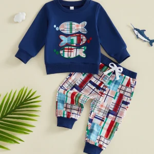 Toddler 2-Piece  Plaid Pants Outfit Sleeve-Embroidery Sweatshirt