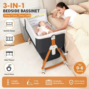 3 in 1 Bedside Baby Bassinet, Portable Foldable Travel Crib.