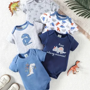 5pcs Baby Dinosaur Rompers, Newborn to 12 Months